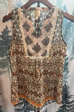 Fig and Flower Women's Small Blouse Sleeveless V Neck Boho Cottagecore